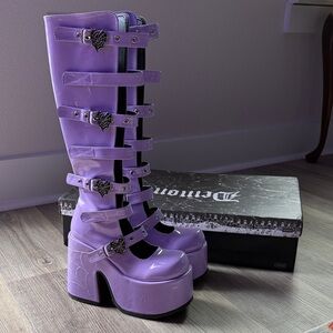 Demonia Lavender Patent Platform Knee-High Strap Boots